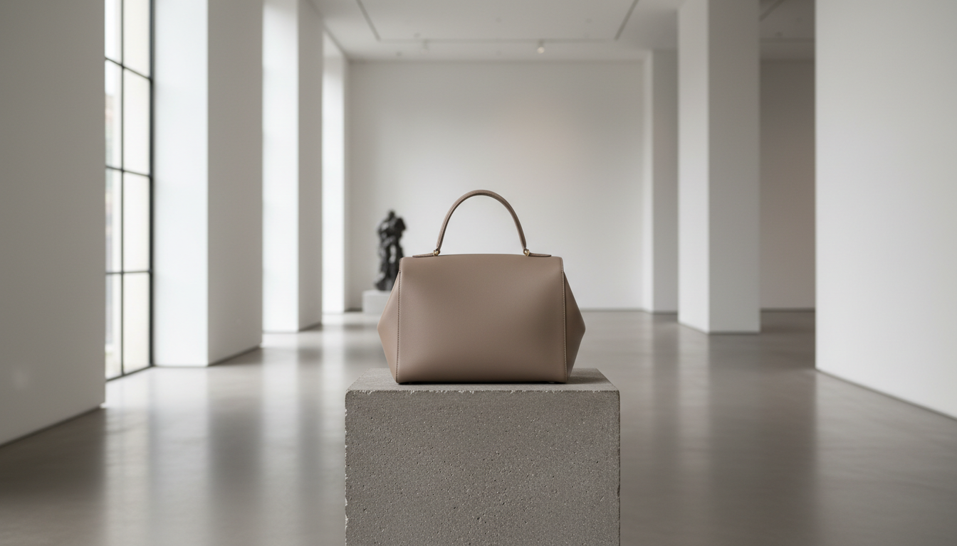A luxurious, structured leather handbag crafted from smooth Italian calfskin, featuring softly rounded edges, precise stitching, and a matte, muted taupe finish. The bag is elegantly displayed atop a minimalist stone pedestal within a spacious, light-filled gallery setting. Gentle, diffused natural daylight washes over the scene from a large window out of frame, highlighting the refined surface texture and subtle gradient in the leather. The composition embraces negative space with a centered, eye-level perspective, embracing a clean and understated modern aesthetic. The mood is sophisticated and tranquil, reflecting high craftsmanship and timeless design, perfectly aligned with the site's focus on elegance and quality.